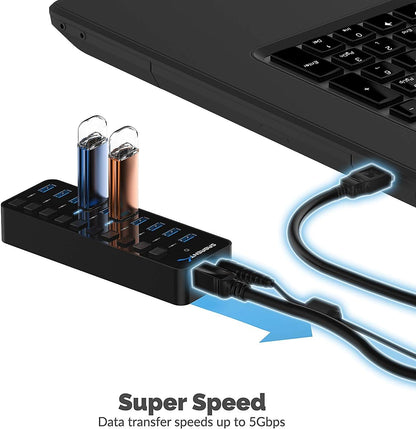 10-Port 60W USB 3.0 Hub with Power Switches & LEDs - Ultimate Connectivity Solution!